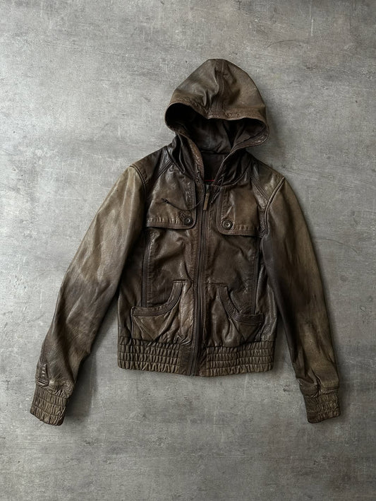 Hooded Leather Jacket - Acabado Brillante