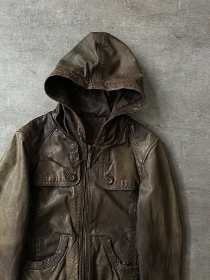 Hooded Leather Jacket - Acabado Brillante