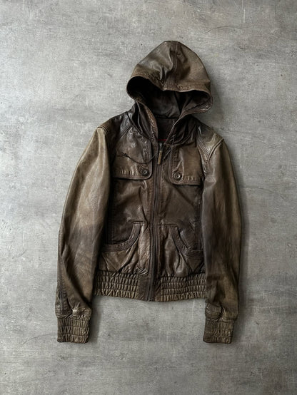 Hooded Leather Jacket - Acabado Brillante
