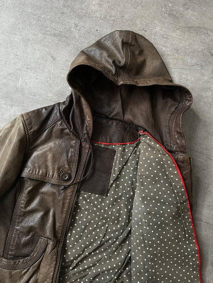 Hooded Leather Jacket - Acabado Brillante
