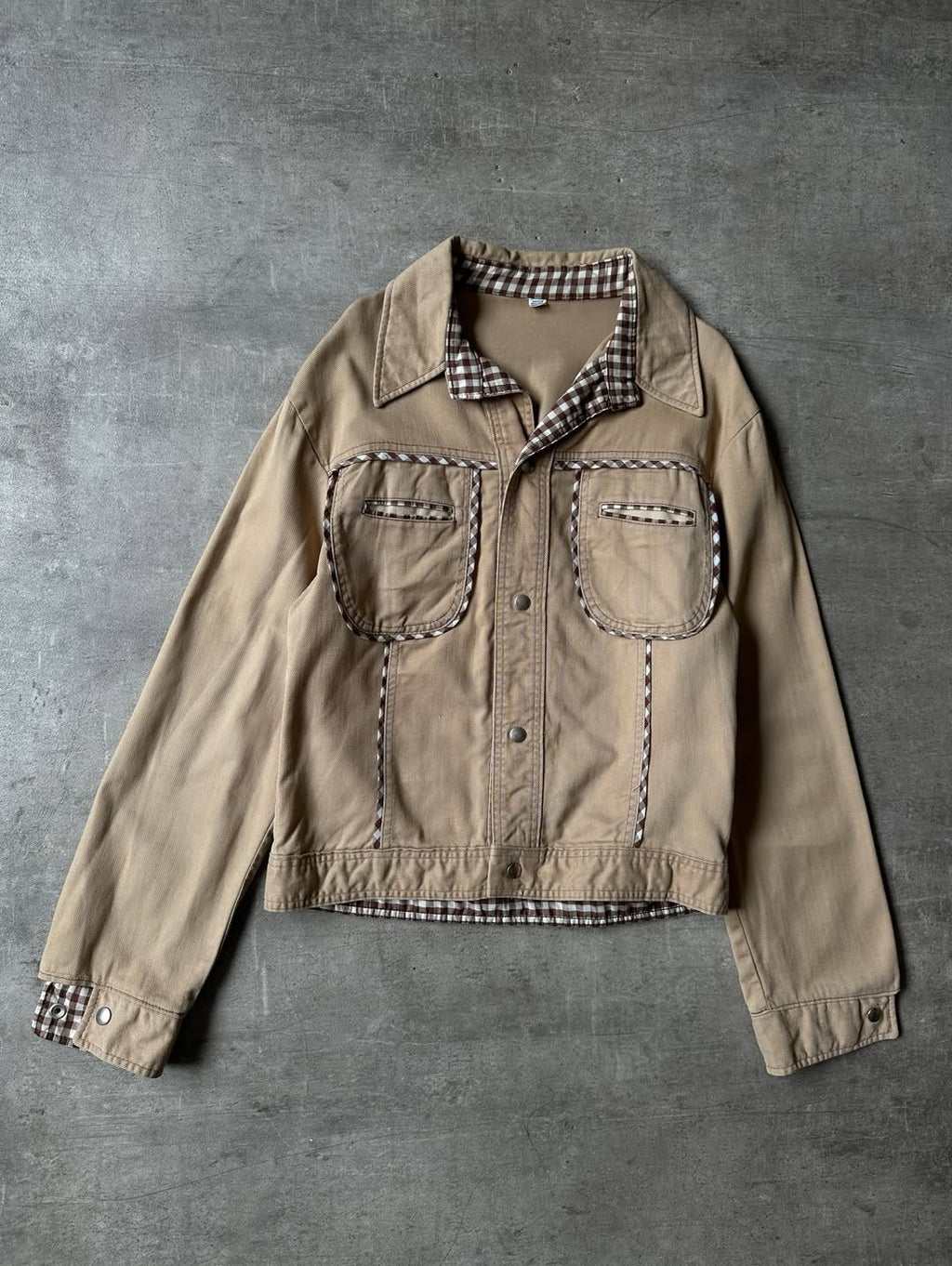 Vintage Camel Denim Jacket - Plaid Details