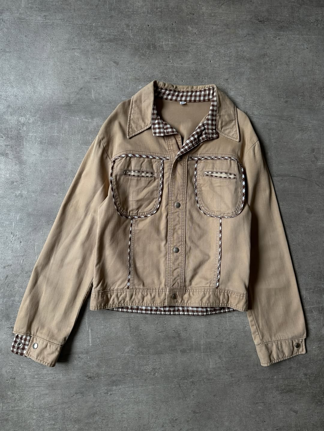 Vintage Camel Denim Jacket - Plaid Details
